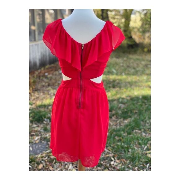 Wet Seal Red Mini Dress Waist Cut-Out Ruffle Scoop Collar Sleeveless Sz S - Picture 2 of 9